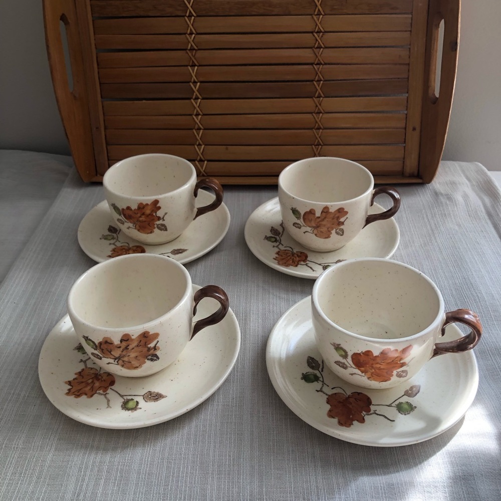 Poppy Trail Woodland four cups and saucers mid century pottery 12$